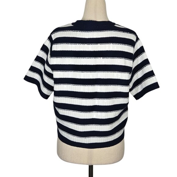 SAM EDELMAN Colleen Stripe Short Sleeve Cardigan knit blue Size Medium NWT - Picture 6 of 11